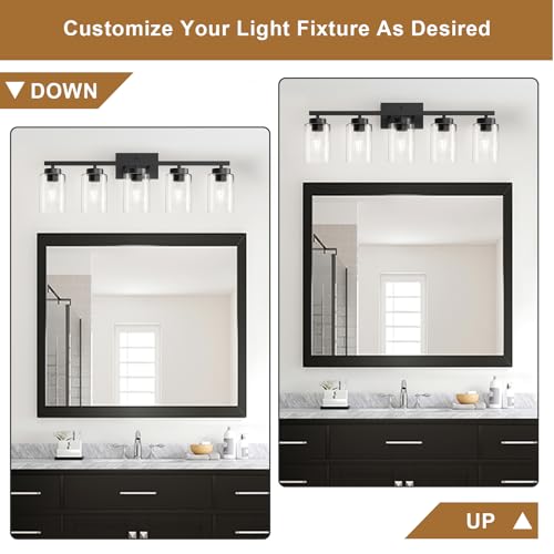 Image of IZORRO Bathroom Light Fixtures, Modern Vanity Lights, Bathroom Lighting Fixtures Over Mirror with Clear Glass Shade, Wall Sconce for Living Room Cabinet Bedroom (Matte Black, 5-Light)