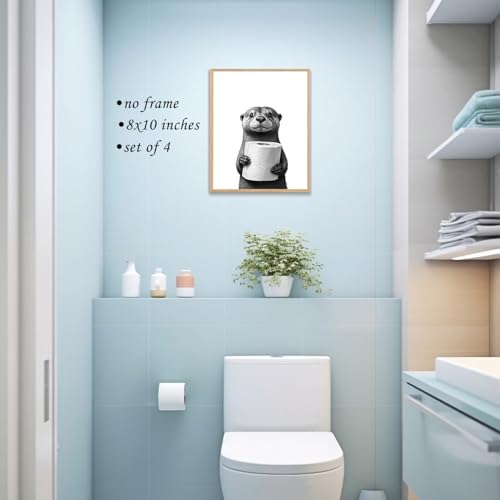 Image of Boat Wades Funny Sea Otter Bathroom Wall Art Prints Set of 4, Coastal Beach Bathroom Decor, Otter Animal Posters Pictures Wall Decor for Bath Room Washroom Restroom Toilet, 8x10 Unframed