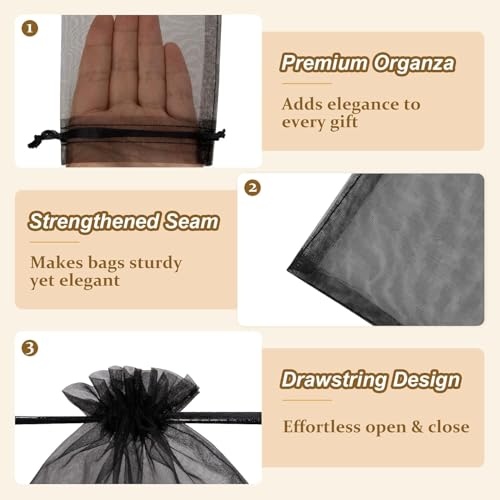 Image of Crweety Large Black Organza Bags 8x12 Inch 50 Pcs, Small Mesh Gift Bags Drawstring for Jewelry Bracelet Packaging, Premium Sheer Gift Pouch for Candy, Wedding Treat, Party Favor & Graduation Gifts