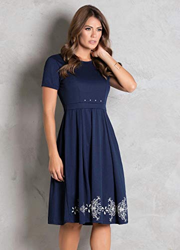 Vestido Moda Evangélica Festa Midi Com Pérolas Azul Marinho (Azul Marinho, G)