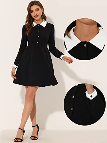 Image of Allegra K Contrast Color Dress for Women's Collared Long Sleeve Halloween Party Flare Dresses