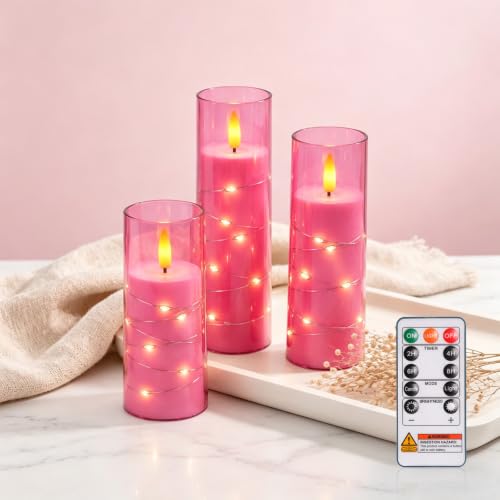 Image of Raycare Flameless Battery Operated Pillar Candles with Remote Timer, Pink | Acrylic LED Candle with Embedded String, Soft Flickering Flame for Wedding, Birthday Party, Valentine's Day Decor, Set of 3