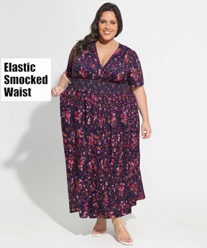 Image of CARCOS Plus Size Dresses for Curvy Women V Neck Summer Maxi Dress Short Sleeve Floral Boho Dress Smocked Waist Beach Dress