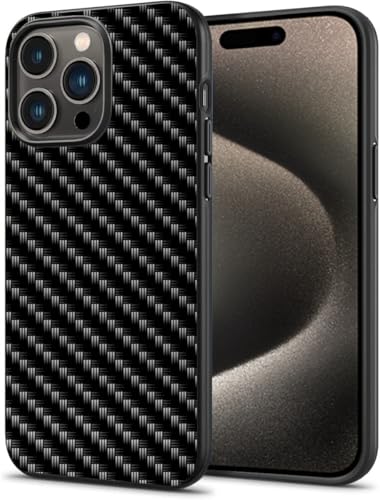 EKAM Case for iPhone 15 Pro, Carbon Fiber Texture Aluminum Bumper Hard Back with TPU Hybrid Slim Protective Cover for iPhone 15 Pro Black