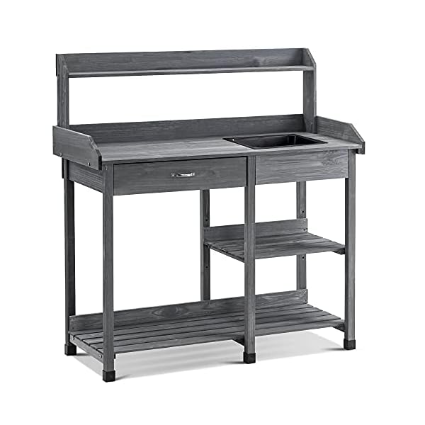 MCombo Pflanztisch Gärtnertisch Blumentisch 0458EY mit Waschbecken Schublade und Ablagefläche Wetterfest Holz, 115 x 45…