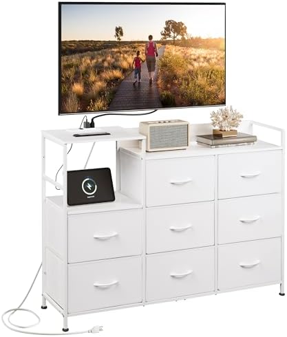 WLIVE White TV Stand with Charging Station, Entertainment Center ...