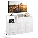WLIVE White TV Stand with Charging Station, Entertainment Center with 8 Fabric Drawer, TV Media Console Table Open Storage Shelves, Wood Top for Living Room, Hallway