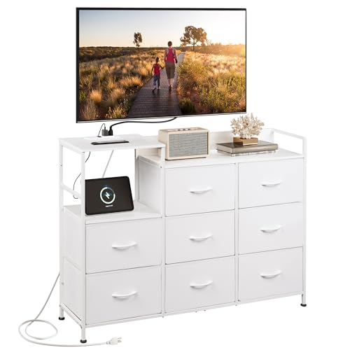 WLIVE White TV Stand with Charging Station, Entertainment Center with 8 Fabric Drawer, TV Media...