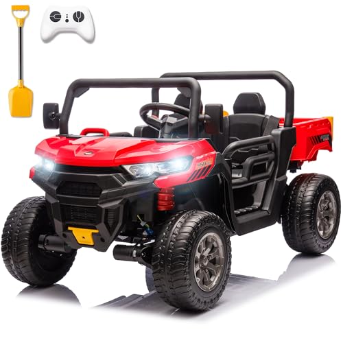 Sopbost 24V Kids UTV 2 Seater Ride On Dump Truck with EVA Tires Wheels Battery Powered Electric Cars with 4×75W Motors Side by Side Ride On Car with Remote Control, Music, Shovel, Red