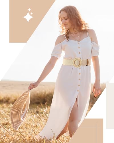 Image of WILLBOND 4 Pcs Women's Elastic Raffia Woven Belt, Boho Rattan Buckle Stretch Straw Wide Waist Belt for Dresses Jeans Pants