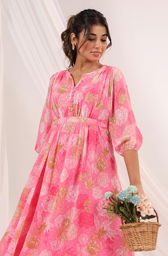 Image of Janasya Women's Georgette Floral Printed Flared Dress
