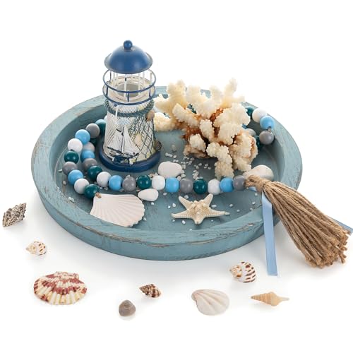 Hanobe Beach Decor Decorative Tray: Farmhouse Coastal Tray for Nautical Themed Decorations Coffee Table - Round Wooden Trays Ocean Style for Bathroom Countertop Centerpiece Rustic Blue