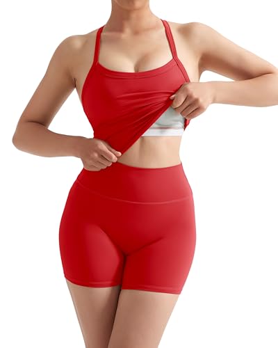 Image of SUUKSESS Women 2 Piece Workout Sets High Waisted Tummy Control Biker Shorts Halter Padded Tank Tops