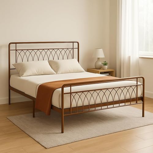 Image of Jexx Metal Queen Size Bed Without Storage | Wrought Iron Double Bed with Headboard & Footboard | Sturdy Powder Coated Platform Bed Queen Size Cot for BedroomLivingRoom Brown (75x60)