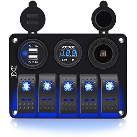 FXC Waterproof Marine Boat Rocker Switch Aluminum Panel 5 Gang with Dual USB Slot Socket 3.1A + Volt Meter Blue LED Light for Car Rv Vehicles Truck (KG0149-5B Blue) Cover