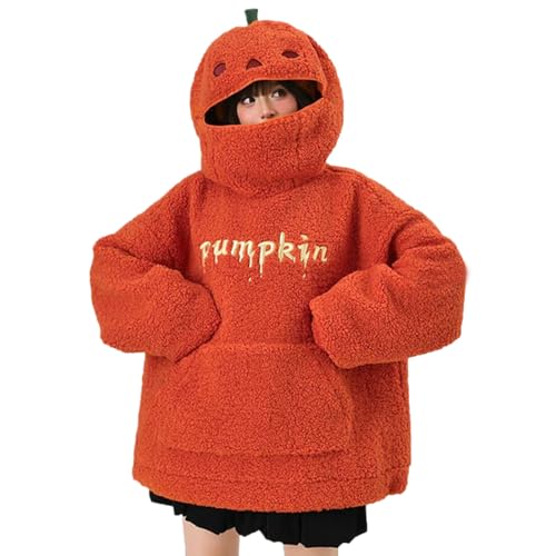 HUIFUAO Halloween-Sweatshirt für Damen, lustiger Kürbis-Kapuzenpullover, Neuheit, Halloween-Kostüme, Winter, flauschig, Fleece, Sherpa-Pullover, Teenager, Mädchen, langärmeliges Oberteil, Orange, M