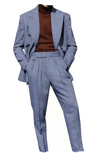 2 Piece Mens Tweed Suits Double Breasted Retro Herringbone Jackets Formal Blazer Pant Set Casual Business Coat2