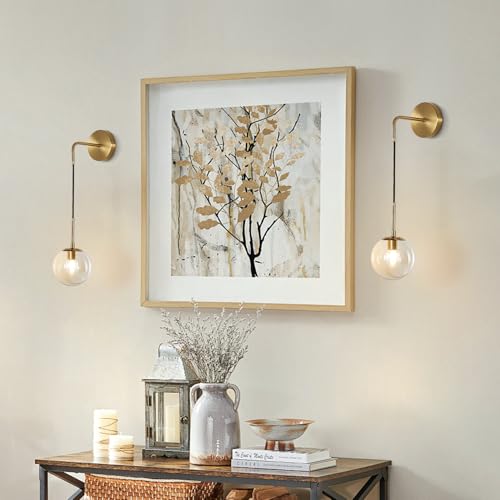 Image of BOKT Mid Century Modern Globe Wall Sconce Lighting Brushed Brass Gold Amber Glass Round Wall Light Fixture Vintage Vanity Globe Bathroom Bar Wall Lamp (Gold+Amber)