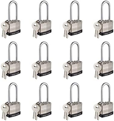 CINCINNO 40mm Keyed Alike Nickel Plated Laminated Steel Padlock, 1-9/16" Wide Body 2-inch Long Shackle Padlocks with Keys Pack of 12