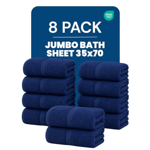 Image of Bulk 8-Pack Commercial Jumbo Bath Sheets, 35 inch x 70 inch, 600 GSM, Navy | For Vacation Rentals & Luxury Suites - 100% Ring-Spun Cotton with Plush Comfort & High Absorbency