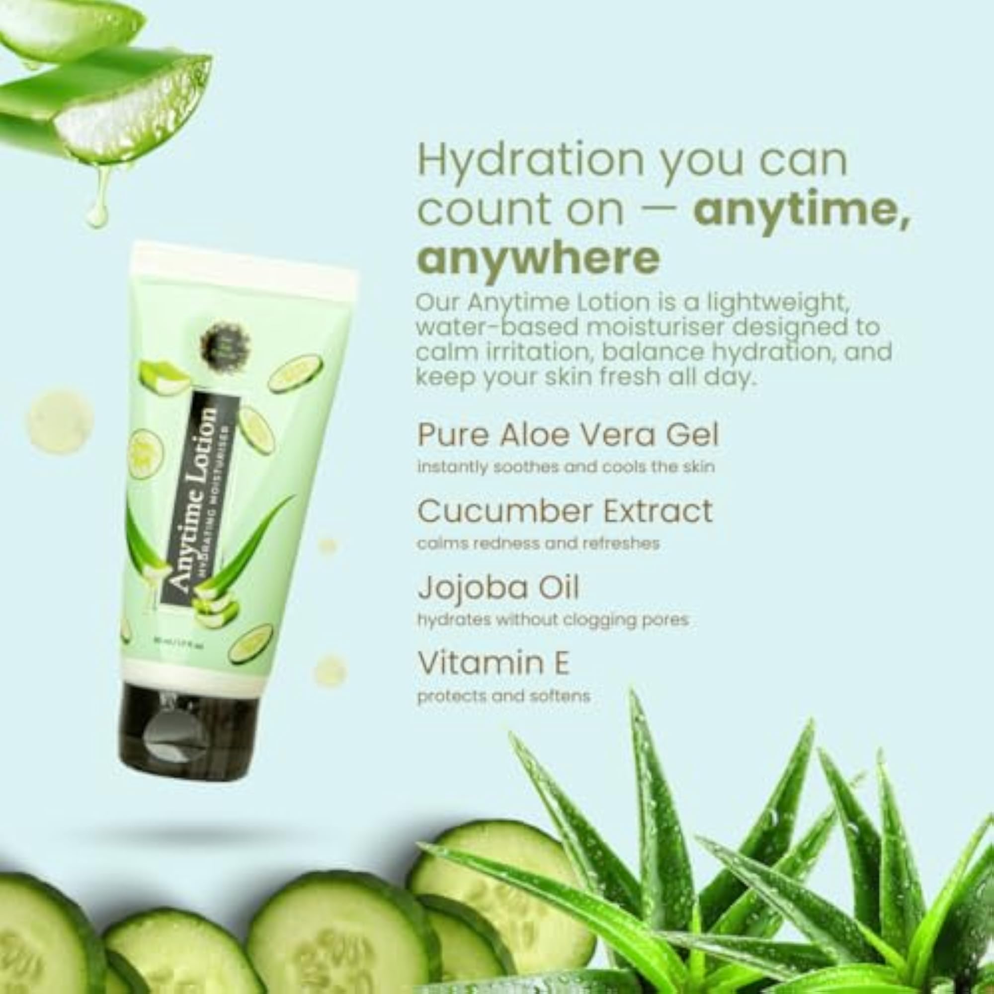 Anytime Lightweight Aloe Vera & Cucumber Extract Moisturizer, Instant Hydration