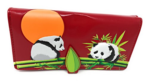 Shag Wear Playful Panda Large Wallet for Women and Teen Girls Vegan Faux Leather Red 7"2