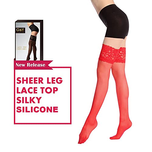 Image of G&Y Thigh High Stockings with Silicone - 15D Sheer Lace Top Nylon Stay Up Pantyhose for Women