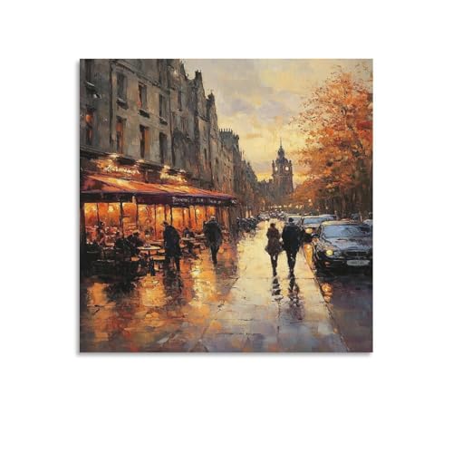 Bold Brush Dusk Street Canvas Print, Lit Cafe & Distant
