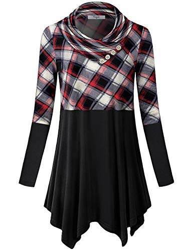 Cestyle Ladies Tops,Womens Long Sleeve Turtleneck Sweatshirts Misses Color Block Lightweight Pullover Blouses Plaid Splicing Tunic Sweater Tees Casual Long Shirts for Leggings Plaid Large