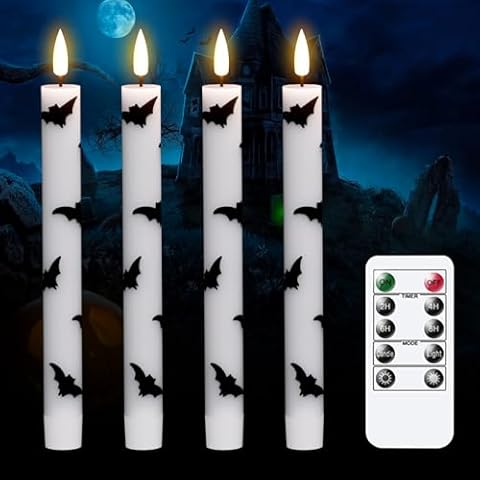 GenSwin Halloween Flameless Taper Candles, 4 Pack LED Taper Candles Battery Operated with Remote Timer, Real Wax White Flickering Flameless Candlesticks with Bat Prints for Spooky Decor(0.75” x 9.65”) Cover