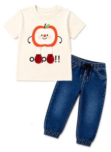 Image of Bold N Elegant Toddler Boys Clothing Set Apple Print T-Shirt with Denim Jogger Pants | Kids Casual Summer Outfit Set | Soft Cotton Tee & Elastic Waist Jeans