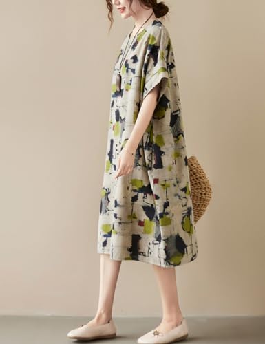 Image of LUZU JUNU Women's Summer Baggy Plus Size Loose Cotton Linen Long Boho Beach Dress with Pockets
