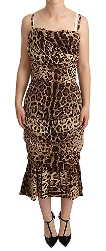 Dolce & Gabbana Vestido midi elástico con estampado de leopardo marrón, Marrón, Large
