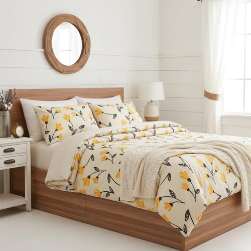 DaDa Bedding Yellow Fleur Floral Duvet Cover Set Golden Orange Tulips Bright Vibrant Botanical Garden Flowers Ivory Beige Tan Comforter Cover w/Corner Ties Zipper Pillow Cases (Twin) [Upgraded]