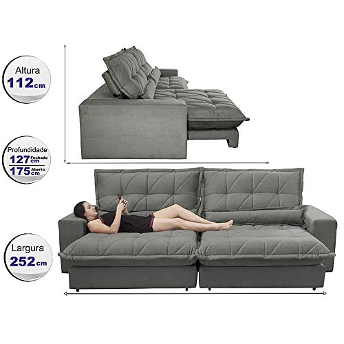 Sofa Retrátil e Reclinável com Molas Ensacadas Cama Inbox Soft 2,52 Mts Tecido Suede Cinza
