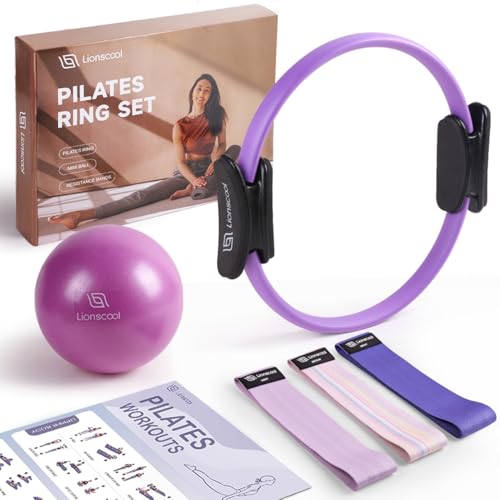 Juego de LIONSCOOL Pilates Ring – Magic Circle de 35.56 CM Antideformación con Mangos Acolchados, Mini Pelota, Bandas de Resistencia, Guía y Bolsa (Violeta(Banda de glúteos con Tejido de Cinta))