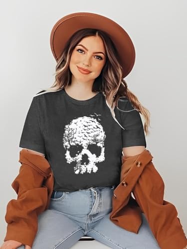 Skull Shirts for Women Gothic Skeleton Print Vintage Graphic Casual Cotton Tops Funny Workout Athletic Shirts3