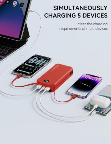 Image of Nusyddy Portable Charger 20000mAh PD20W w /Built-in Cables & Wall Plug Red | PD20W Fast Charging, High Capacity, LED Display, Charge 5 Devices at once, TSA Approved, Compatible with iPhone /iPad /Samsung