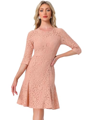 Image of Allegra K Women Elegant Lace Ruffles 3 /4 Sleeves Bodycon Fishtail Dress | Slightly stretchy. Invisible zipper. Floral ruffled hem. Cocktail, Evening, Party, Date. Feminine charm.