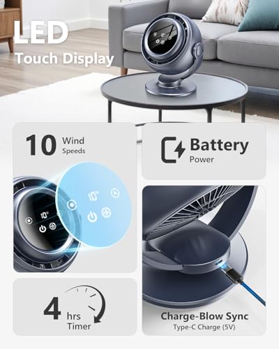 AGEYOU Desk Fan for Office, 90°Oscillating Fan with 6000mAh Rechargeable, 10 Speeds 4H Timer 270°Tilt Adjustment, 29dB Ultra-Quiet Portable Personal Table Fans, Gifts for Christmas Women Men Home — view 4