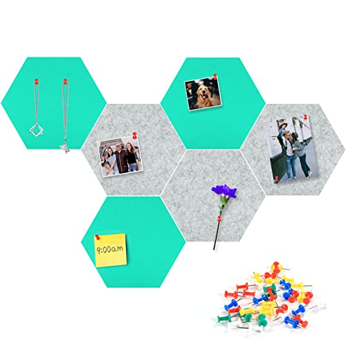 Tikea Hexagon Bulletin Board - 6PCS Large Notice Board Felt Board, 30*26*1.2CM, Memo Notice Tiles Big Push Pin Board Decor with 15 Pins for Wall Office School Home, Mint and Light Grey