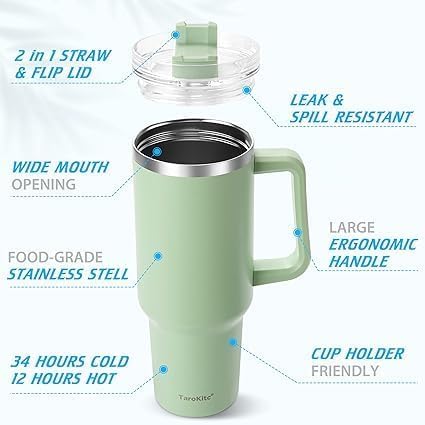 Image of Tumbler with Handle and Straw, Pink Insulated Travel Mug Iced Coffee Cup, Reusable Stainless Steel Insulated Water Bottle, Keeps Drinks Cold