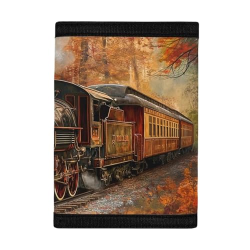 COEQINE Boys Wallet for 9-12 Years Old, Personailzed Card Holder Money Bag Portable for Kids Women Men Add Name On Retro Train Pattern3