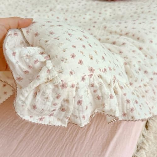 Image of BuLuTu Princess Ruffled Muslin Duvet Cover for King Bed, 100% Cotton Bedding Soft Lightweight Quilt Cover with Zipper, Chic Shabby Pink Floral Print Comforter Cover 90 inchx104 inch, No Pillow