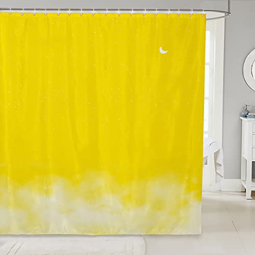 Loussiesd Shiny Star Bath Curtain Moon Star Sky Shower Curtain Gradient Yellow White Bathroom Fabric for Teens Stalls Bathtubs Romantic Style Waterproof Curtains 72x94 Inch