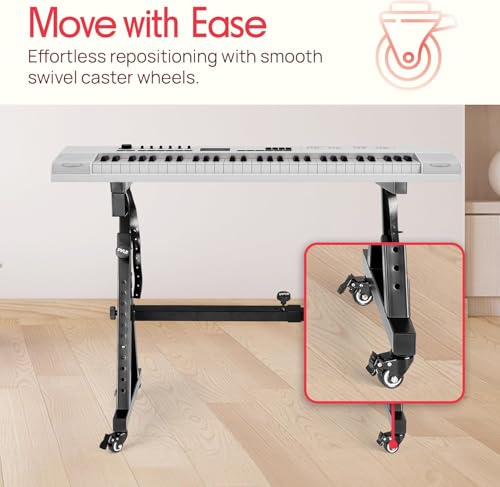 Image of Pyle Universal Electronic Piano, Black Heavy-Duty Z Style Keyboard Stand with Locking Wheels, Adjustable Height and Width, Portable Organ Holder Rack, Collapsible Design (PKSTZ88)
