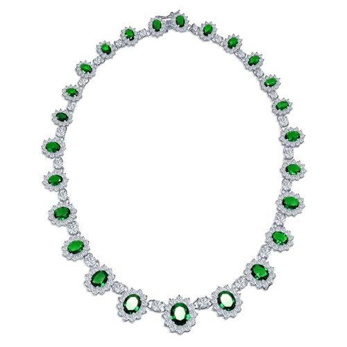 Elegant Vintage Estate-Inspired Bridal Jewelry Set - 5 CTW Oval Crown Halo Statement Necklace & Chandelier Earrings with AAA Cubic Zirconia CZ Simulated Gemstones, Silver Plated, for Women