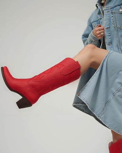 DREAMCIA Red Cowboy Boots for Women Vintage Western boots with Embroidery and Chunky Heel, Mid Calf Height Embroidered Cowgirl Boots2