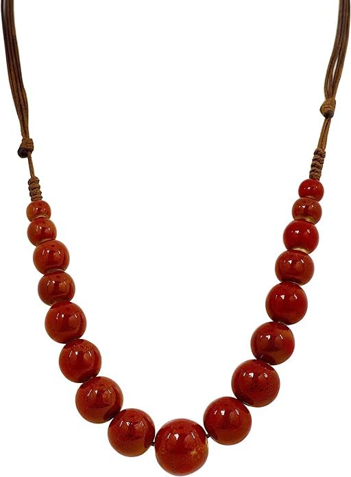 Hanary Collier de perles rondes en céramique rouge hippie bohème pour femme