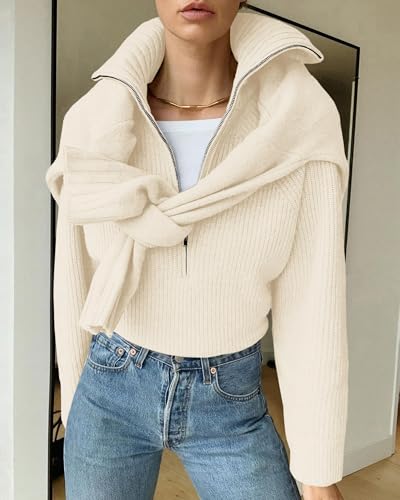 Btfbm Women’S Casual Long Sleeve Half Zip Pullover Sweaters, V Neck Collar Ribbed Knitted Loose Slouchy Jumper Tops thumb #2